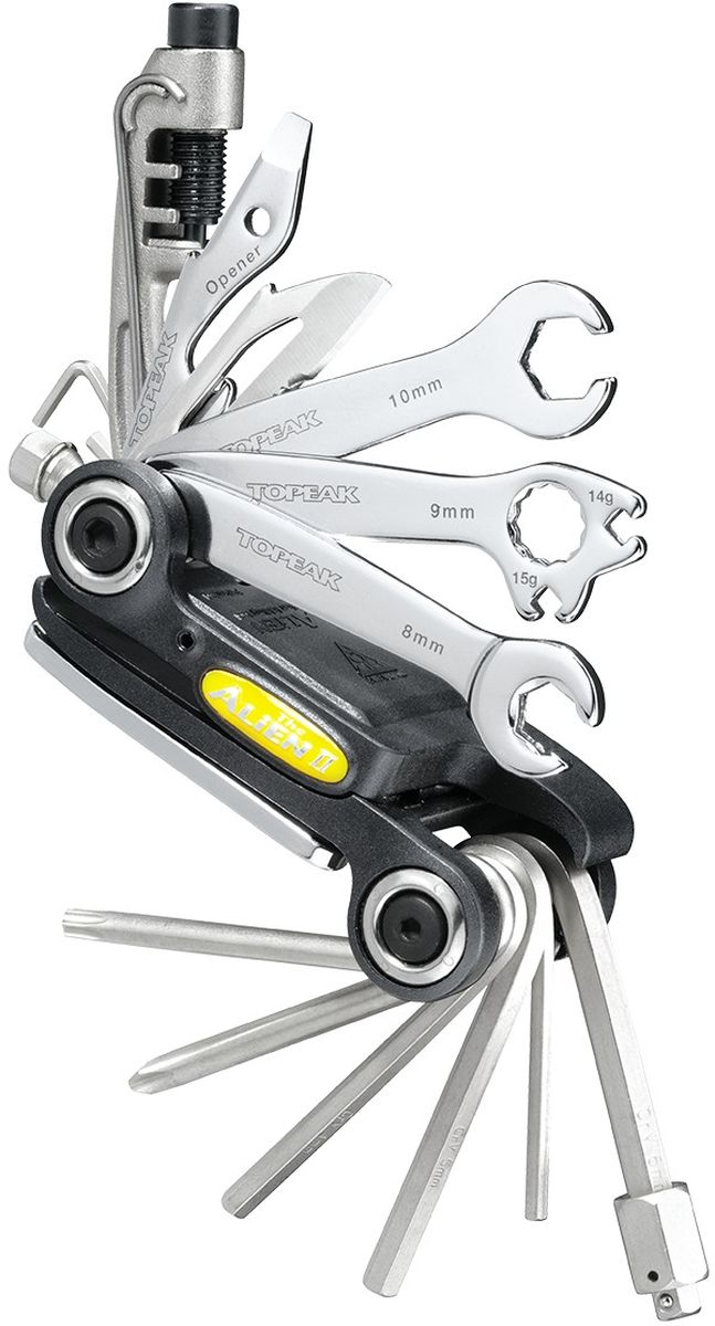 Мультиключ TOPEAK Alien II, с выжикой цепи и чехлом, 26 функцийTT2353 Мультиключ TOPEAK Alien II, с выжикой цепи и чехлом, 26 функцийTT2353шестигранники: 2-L / 2.5 / 3 / 4 / 5 / 6 / 8 / 10 мм. Открывашка. Нож. OPEN WRENCHES 8 / 10 / 15 mm. Педальный ключ. 2 Phillips / Flat head. SPOKE WRENCHES 14G / 15G. TORX® WRENCHT 25. Вес: 290 г.