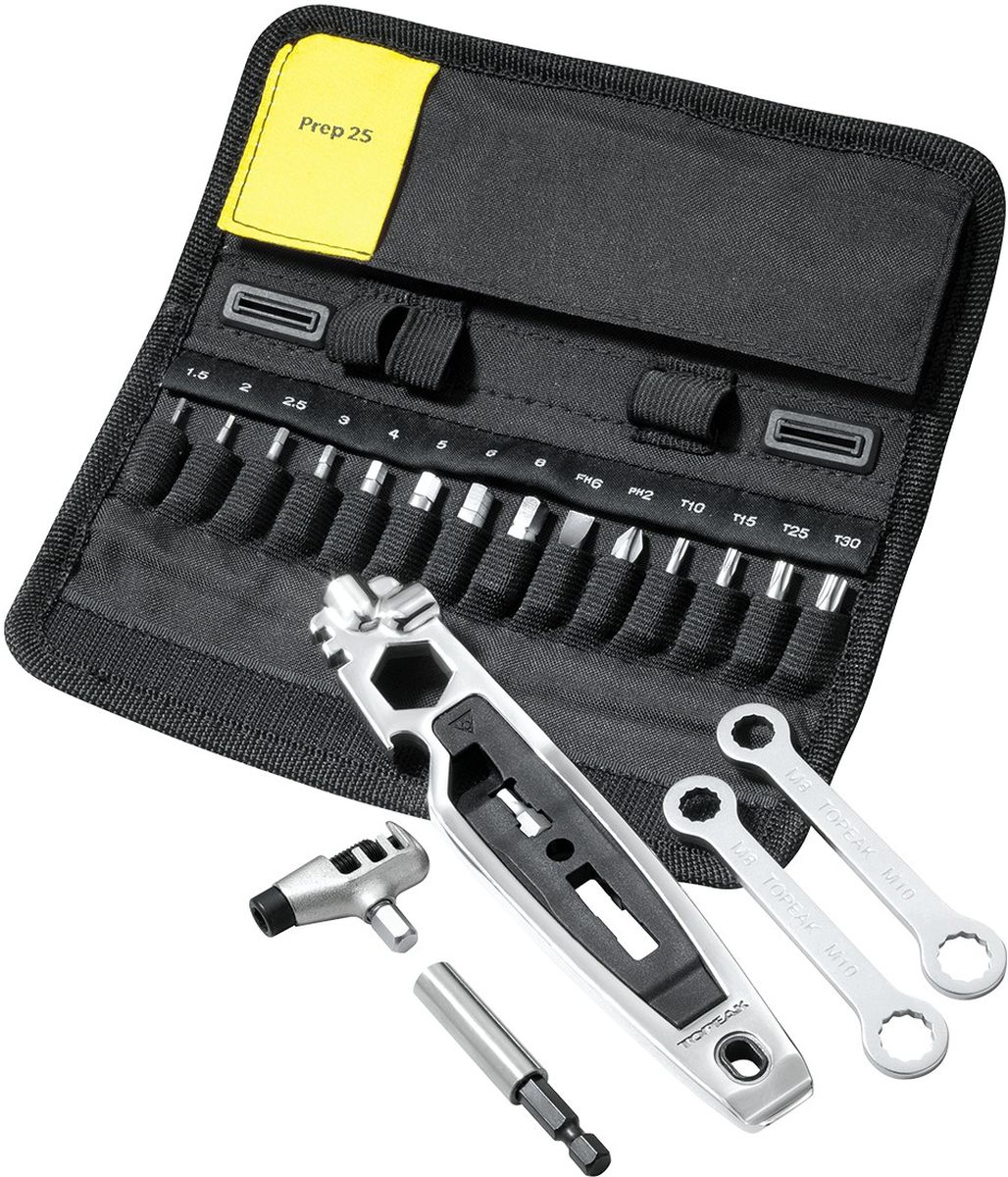 Набор инструментов TOPEAK Prep 25, в кейсе, 28 функцийTT2553 Набор инструментов TOPEAK Prep 25, в кейсе, 28 функцийTT2553Универсальный набор инструментов для домашнего ремонта велосипеда. 28 функций. Компактный нейлоновый кейс. Крепление на велосипед. Набор включает многофункциональную выжимку цепи. Количество инструментов (функций) - 28. Шестигранники - 1.5/2/2.5/3/4/5/6/8мм. Torx® - T10/T15/T25/T30. Спицевые ключи - 14 г/15 г. Отдельный набор для ремонта цепи из Cr-Mo стали. Монтажки 1х металлическая, 1х пластиковая. Отвертки - Phillips (крестовая) и плоская. Открывашка для бутылок из Cro-Mo стали. Многофункциональная выжимка цепи.