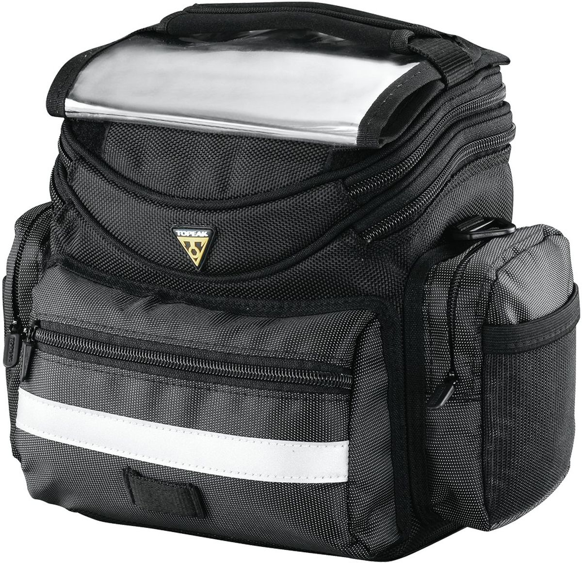 Велосумка TOPEAK TourGuide Handle Bar Bag, с креплением на рульTT3021B Велосумка TOPEAK TourGuide Handle Bar Bag, с креплением на рульTT3021BСумка на руль Topeak TT3021B TourGuide Handlebar Bag - супер-прочная мультифункциональная сумка на руль с креплением QuickClick™ от всемирноизвестной торговой марки Topeak. Она проектировалась для небольших походов, прогулок и поездок на работу. В своем расенале имеет разделенное основное отделение, передний карман на змейке, два небольших боковых кармана с надежной защитой, верхний отдел и прозрачный отдел для карты сверху. Объем: 5 литров. Очень надежна в эксплуатации, так как имеет жесткий корпус и пошита из износостойких материалов. В комплекте идет ремень на плечо и чехол от дождя. Отдельно хотелось бы упомянуть о таких мелочах, как ручка для переноски и 3M светоотражающая полоса, которые редко встречаются на продукции других производителей, что в свою очередь говорит о качестве и практичности. Тип сумки: Сумка на руль. Вес: 670 г. Объем: 5 л. Цвет: Черный. Тип крепления: Жесткое. Материал: нейлон.