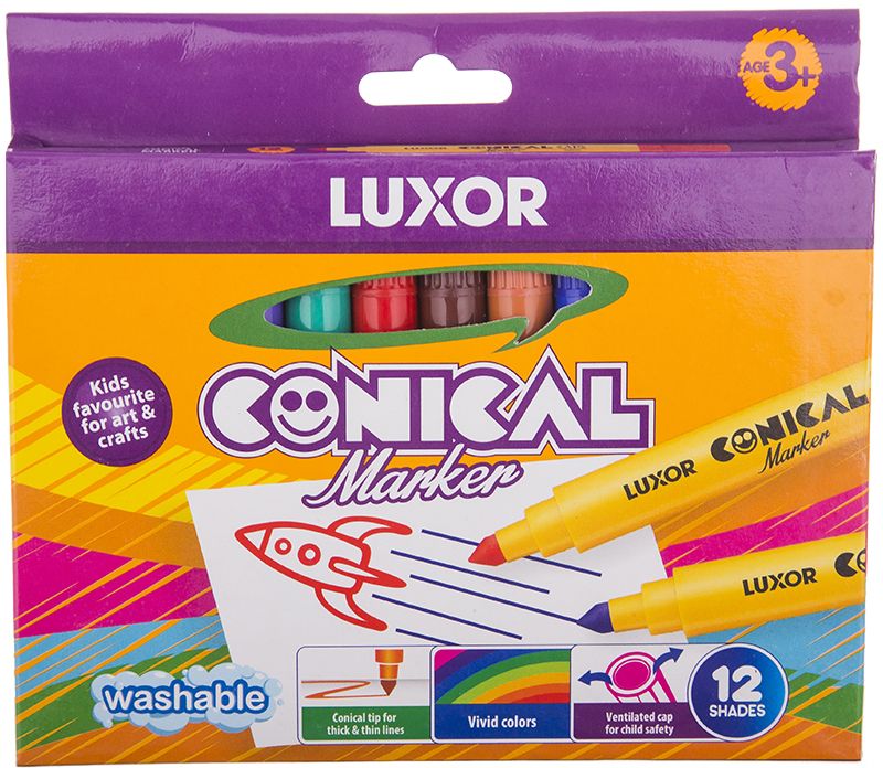 Luxor Набор фломастеров Conical 12 цветов6152/Box 12 Luxor Набор фломастеров Conical 12 цветов6152/Box 12Яркий и практичный набор фломастеров Luxor Conicalс продуманной палитрой цветов, непременно понравится вашему юному художнику. Фломастеры изготовлены с нетоксичными смываемыми чернилами. Подходят для рисования тонких и толстых линий. Фломастеры имеют безопасный заблокированный пишущий узел. Набор содержит 12 фломастеров различных цветов.