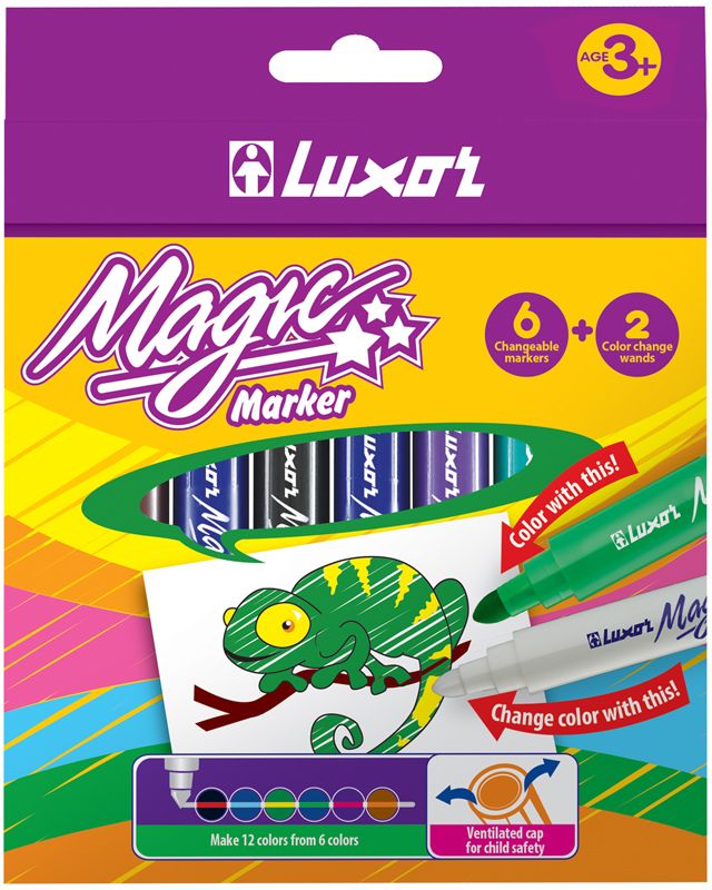 Luxor Набор фломастеров меняющих цвет Magic 8 цветов6104/Box 8 Luxor Набор фломастеров меняющих цвет Magic 8 цветов6104/Box 8Набор фломастеров, меняющих цвет. В состав набора входят шесть цветных фломастеров и два фломастера, меняющие цвет линии, нарисованной цветным фломастером.