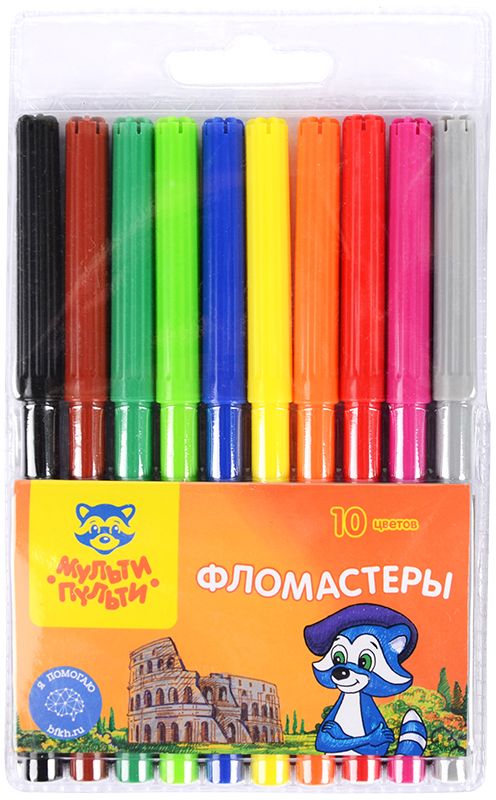 Мульти-Пульти Набор фломастеров Енот в Италии 10 цветовWP_10724 Мульти-Пульти Набор фломастеров Енот в Италии 10 цветовWP_10724Легкосмываемые чернила, вентилируемый колпачок, нетоксичны, корпус изготовлен из полипропилена. Упакованы в блистер с петлей-европодвесом. Длина линии не менее 500 м.