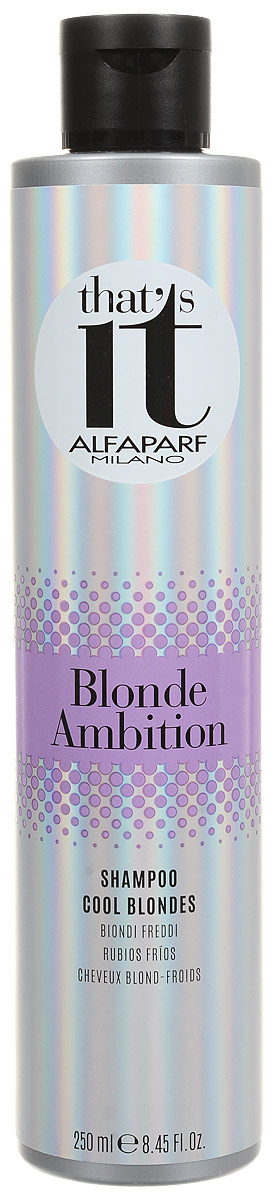 Alfaparf Thats it Blond Ambition Shampoo Шампунь тонирующий в холодные оттенки цвета блонд, 250 мл13176 Alfaparf Thats it Blond Ambition Shampoo Шампунь тонирующий в холодные оттенки цвета блонд, 250 мл13176Тонирующий шампунь для нейтрализации нежелательных оттенков и усиления естественного блеска как натуральных, так и окрашенных волос. Специально разработанная формула помогает поддерживать холодные цветовые нюансы. Жемчужные светоотражающие частицы создают безграничную игру цвета, делают волосы максимально блестящими, а входящие в состав церамиды питают и дарят волосам силу. Объем: 250 мл
