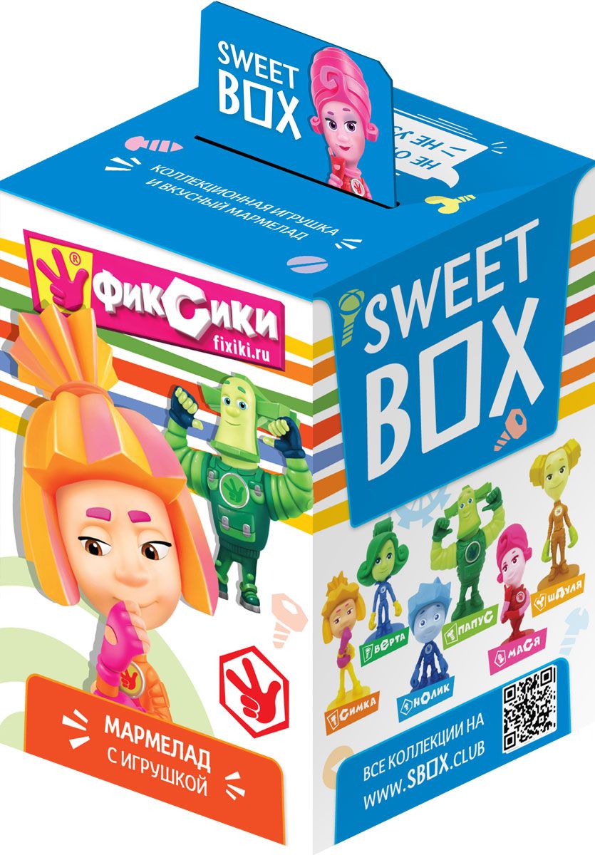 Sweet Box Фиксики жевательный мармелад с игрушкой, 10 гут18998 Sweet Box Фиксики жевательный мармелад с игрушкой, 10 гут18998Мармелад жевательный с натуральным соком со вкусом апельсина, яблока, клубники, персика, манго Свит бокс с подарком в наборе (Фиксики), 10 г.