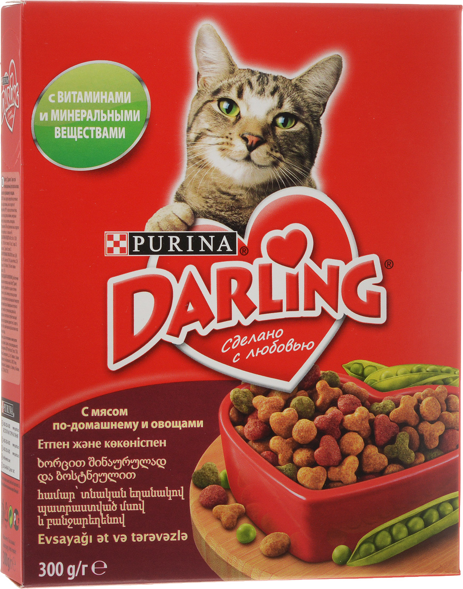 Корм сухой Darling для кошек, с мясом и овощами, 300 г56305 Корм сухой Darling для кошек, с мясом и овощами, 300 г56305100% полнорационный сбалансированный корм для ежедневного питания вашей кошки. Корм Darling® (Дарлинг) обеспечивает вашу кошку всем необходимым в ее повседневной жизни. Гарантия качества Purina®. Содержит все необходимые витамины и минеральные вещества. Корм для кошек Darling® (Дарлинг), содержащий Омега 6 жирные кислоты, помогает поддерживать шерсть вашего питомца здоровой, блестящей и приятной на ощупь. МЕ/кг: Вит. А: 12500; Вит. D3: 1000. мг/кг: железо: 47; йод: 1,5; медь: 8,9; марганец: 5,1; цинк: 66; селен: 0,1. Белок: 26,0%; Жир: 8,0%; Сырая зола: 7,0%; Сырая клетчатка: 2,5%; Кальций: 1,0%; Фосфор: 1,0%; Омега 6 жирные кислоты: 1,5%.