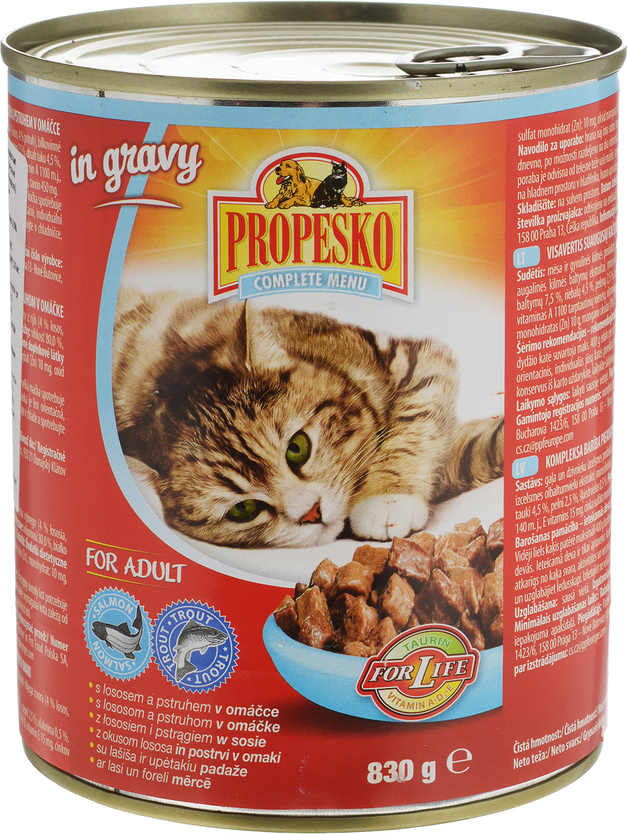Консервы для кошек Propesko, с лососем и форелью в соусе, 830 г14517 Консервы для кошек Propesko, с лососем и форелью в соусе, 830 г14517Консервы Propesko - это полнорационное питание для взрослых кошек. Консервированный корм оказывает благотворное влияние на организм питомца, улучшает пищеварение и дарит чувство сытости на долгое время. Товар сертифицирован.