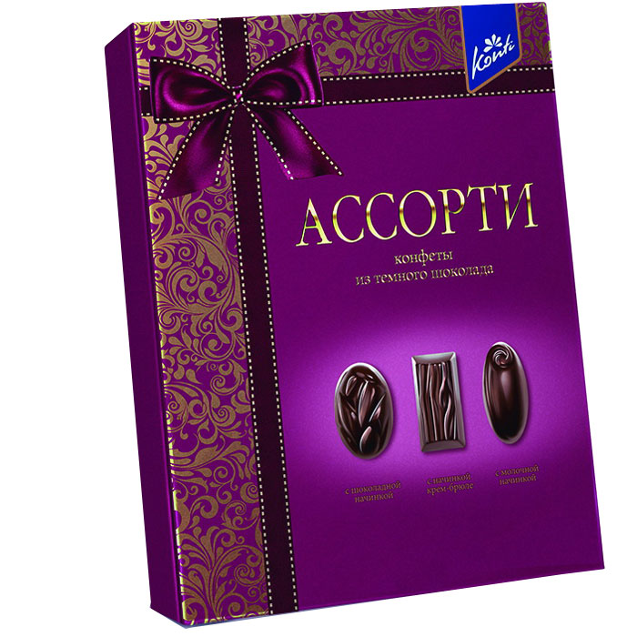 Konti Ассорти набор конфет из темного шоколада, 235 г4600495506191 Konti Ассорти набор конфет из темного шоколада, 235 г4600495506191Набор конфет из натурального черного шоколада с тремя видами начинок: мягкой шоколадной, нежной крем-брюле и легкой молочной.