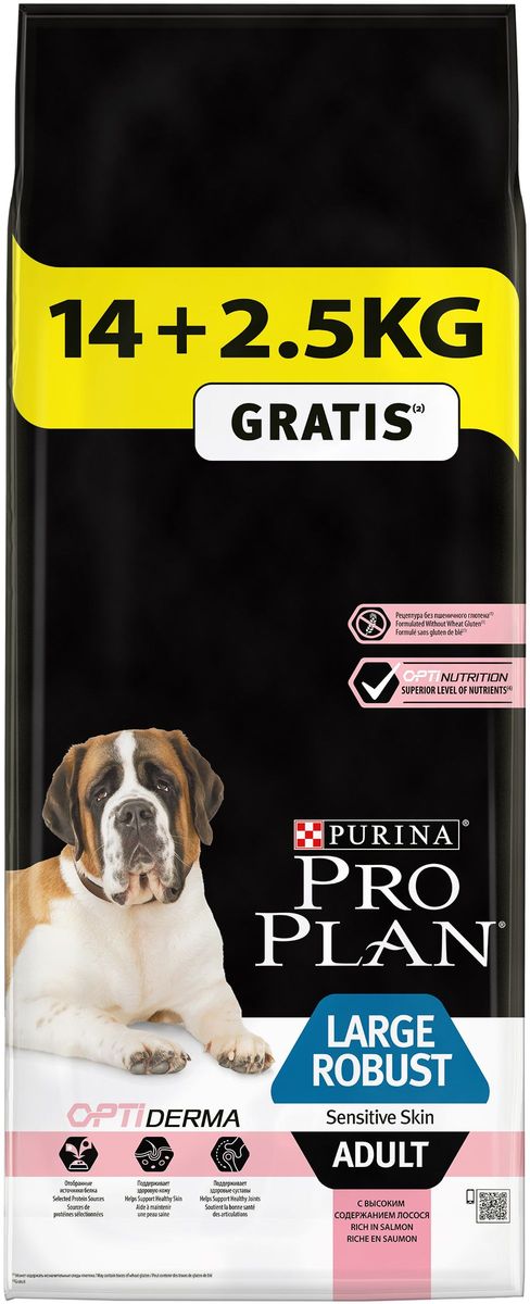 Корм сухой Pro Plan Adult Large Robust Sensitive для взрослых собак крупных пород с мощным телосложением, с комплексом Optihealth, с лососем, 16,5 кг63677 Корм сухой Pro Plan Adult Large Robust Sensitive для взрослых собак крупных пород с мощным телосложением, с комплексом Optihealth, с лососем, 16,5 кг63677Оптимальное питание является основой для здоровья и благополучия. Разработанный нашими ветеринарами и диетололгами корм Purina® PRO PLAN® с комплексом OPTIHEALTH® обеспечивает самое современное питание, которое оказывает долгосрочное влияние на здоровье собаки. Комплекс OPTIHEALTH® представляет сочетание специально отобранных питательных веществ для собак разных размеров и телосложения, который отвечает их особым потребностям и помогает сохранить отличное состояние. МЕ/кг:витамин A: 20 000; витамин D3: 650; витамин E: 550. Мг/кг: витамин C: 140; железо: 63; йод: 1,6; медь: 9,9; марганец: 30; цинк: 120; селен: 0,10. Белок: 26%, жир: 12%, сырая зола: 7,5%, сырая клетчатка: 2,5%.