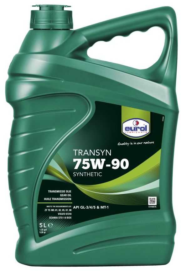 Масло трансмиссионное EUROL Transyn, 75W-90, GL-4/5, 5 лE110075-5l Масло трансмиссионное EUROL Transyn, 75W-90, GL-4/5, 5 лE110075-5lEurol Transyn 75W-90 – это синтетическое универсальное трансмиссионное масло, для использования как в ручных трансмиссиях, так и передачах, где рекомендуется применять API GL-3, GL-4 или GL-5. Благодаря этому, возможно уменьшение необходимых запасов склада. Eurol Transyn 75W-90 может использоваться во всей типах передач. Специальные добавки уменьшают потребление топлива и устраняют проблемы переключения. Благодаря уникальному составу, это масло обеспечивает превосходную защиту от износа, коррозии и вспенивания, а также от термического окисления и старения при высоких температурах. Eurol Transyn 75W-90 используется в синхронизированных коробках передач и обеспечивает мягкое переключение даже при низких температурах. Eurol Transyn 75W-90 показывает отличные EP (Extreme Pressure) свойства при высоких нагрузках и вибрации. Потери вязкости при нагрузке минимальны, поэтому интервалы замены масла могут быть увеличены. Спецификации и одобрения •API Service GL 3/4/5...