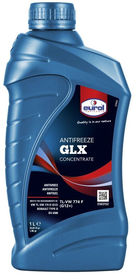 Жидкость охлаждающая EUROL Antifreeze GLX, G-12, 1 лE503152-1l Жидкость охлаждающая EUROL Antifreeze GLX, G-12, 1 лE503152-1lАнтифриз longlife, без силикатов, TL-VW 774 F (G12+). Eurol Anti-Freeze G12+ — антифриз нового поколения на основе моноэтиленгликоля, по запатентованной технологии без силикатов на карбоксильной кислоте. Эта технология известна как OAT (Organic Acid Technology). Eurol Anti-Freeze G12+ предотвращает образование накипи и превосходно защищает от кавитации. Кроме того, защищает от коррозии металлические части системы охлаждения и, в часности, аллюминиевые и стальные сплавы. Eurol Anti-Freeze G12+ не содержит нитриты, амины, соли борной кислоты, фосфаты, нитраты и силикаты, поэтому способствует незагрязнению окружающей среды. Eurol Anti-Freeze G12+ не повреждает резину, пластик, металлы, аллюминий и сплавы. Типичные показатели: Anti-Freeze G12+ Плотность 20°C Kг/Л 1,115 pH-значение при 33 vol.% 8,0 ± 0,2 при 50 vol.% 7,5 ± 0,2 Точка кипения °C 175 ± 2 Содержание воды Wt% max. 5