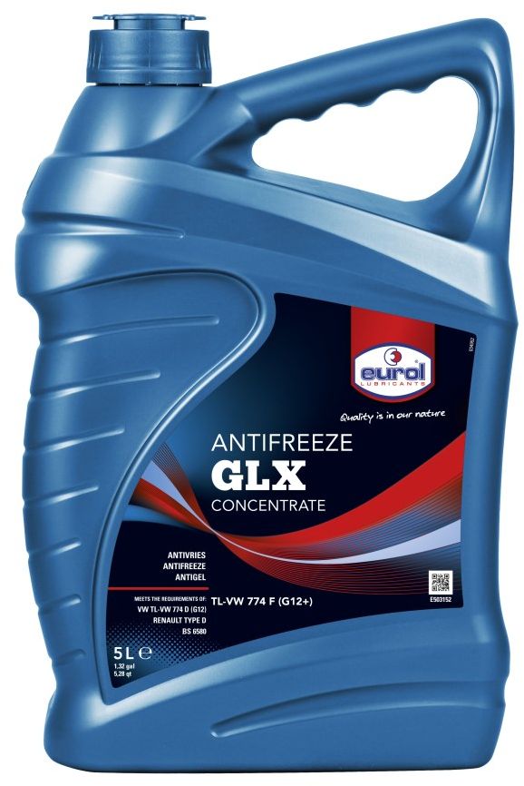 Жидкость охлаждающая EUROL Antifreeze GLX, G-12, 5 лE503152-5l Жидкость охлаждающая EUROL Antifreeze GLX, G-12, 5 лE503152-5lАнтифриз longlife, без силикатов, TL-VW 774 F (G12+). Eurol Anti-Freeze G12+ — антифриз нового поколения на основе моноэтиленгликоля, по запатентованной технологии без силикатов на карбоксильной кислоте. Эта технология известна как OAT (Organic Acid Technology). Eurol Anti-Freeze G12+ предотвращает образование накипи и превосходно защищает от кавитации. Кроме того, защищает от коррозии металлические части системы охлаждения и, в часности, аллюминиевые и стальные сплавы. Eurol Anti-Freeze G12+ не содержит нитриты, амины, соли борной кислоты, фосфаты, нитраты и силикаты, поэтому способствует незагрязнению окружающей среды. Eurol Anti-Freeze G12+ не повреждает резину, пластик, металлы, аллюминий и сплавы. Типичные показатели: Anti-Freeze G12+ Плотность 20°C Kг/Л 1,115 pH-значение при 33 vol.% 8,0 ± 0,2 при 50 vol.% 7,5 ± 0,2 Точка кипения °C 175 ± 2 Содержание воды Wt% max. 5