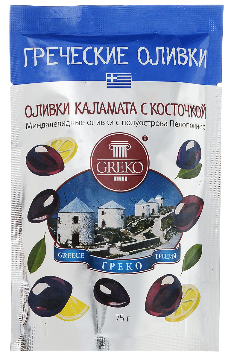 Greko оливки сорта Каламата с косточкой, 75 г4607070526025 Greko оливки сорта Каламата с косточкой, 75 г4607070526025Низкокалорийный оливковый снэк в удобной упаковке Дой Пак без жидкости. Каламата - королева всех Средиземноморских оливок, названа в честь города на полуострове Пелопонес. Самый знаменитый в мире сорт миндалевидных греческих сочных оливок. Собирают вручную, чтобы не повредить плоды, с ноября по Рождество, тщательно сортируются. Полностью созревшие эти черно-фиолетоые оливки имеют тонкую кожицу и упругую сочную мякоть. Традиционно маринуются с добавлением красного виноградного уксуса, придающего им тонкий винный аромат и неподражаемый вкус. Уникальная рецептура компании Греко, сохраняющая истинный вкус оливок. Универсальный продукт: может использоваться как самостоятельное блюдо, а также украшением и ингредиентом в закусках, бутербродах и канапэ, пицце и салатах.