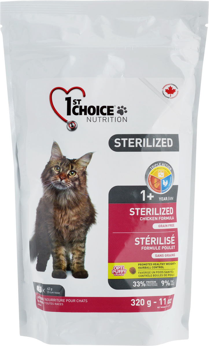 Корм сухой 1st Choice Sterilized, для взрослых стерилизованных кошек, курица с бататом, 320 г102.1.280 Корм сухой 1st Choice Sterilized, для взрослых стерилизованных кошек, курица с бататом, 320 г102.1.280Сухой корм 1st Choice Sterilized, изготовленный на основе курицы без зерна, предназначен для стерилизованных взрослых кошек. Стерилизация у кошек меняет многое. Животное больше не способно к размножению, поэтому возникают гормональные, физиологические и даже эмоциональные изменения, с которыми надо помочь ему справиться. Использование специальной диеты для стерилизованных кошек может эффективно и быстро помочь животному преодолеть эти проблемы после операции. L-карнитин и экстракт подсолнечного масла (C.L.A.), содержащиеся в корме, помогут сохранить здоровый вес на долгие годы. Большой процент свежего куриного мяса гарантирует вашей кошке поддержание мышечной массы без прибавления лишнего веса. Беззерновая формула способствует улучшению функции кишечника. Низкий уровень магния снижает формирование кристаллов в мочевом пузыре. Товар сертифицирован.
