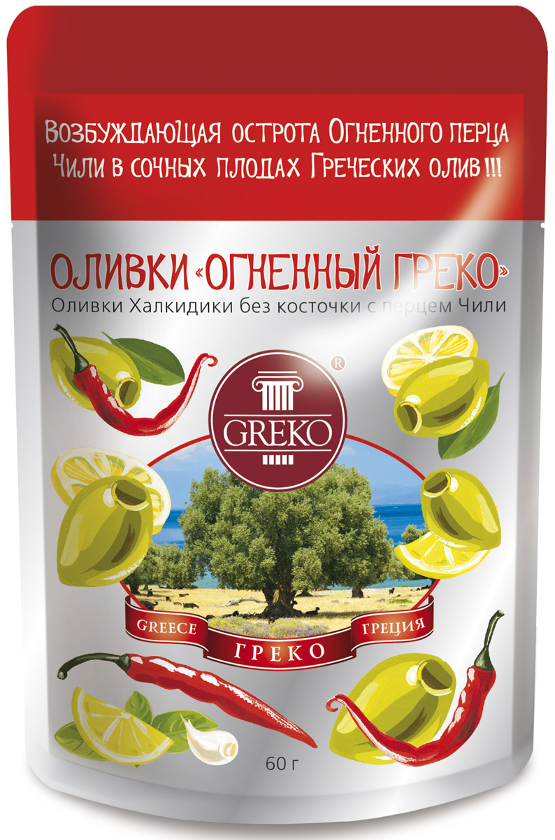 Greko оливки Огненный Греко сорта Халкидики без косточки с перцем чили, 60 г4607070525998 Greko оливки Огненный Греко сорта Халкидики без косточки с перцем чили, 60 г4607070525998Низкокалорийный оливковый снэк в удобной упаковке без жидкости. Халкидики - это зеленые продолговатые с заостренным кончиком оливки. Одни из самых популярных сортов оливок не только в самой Греции, но и во всем Средиземноморье. Выращиваются в северо-восточной Греции на полуострове Халкидики - жемчужине Эгейского моря, в районе, прилегающем к православным монастырям Святой Горы Афон. Гурманы высоко ценят их нежную сочную мякоть и свежий истинно оливковый аромат. Универсальный продукт: может использоваться как самостоятельное блюдо, а также как украшение и ингредиент в закусках, бутербродах, пицце и салатах.