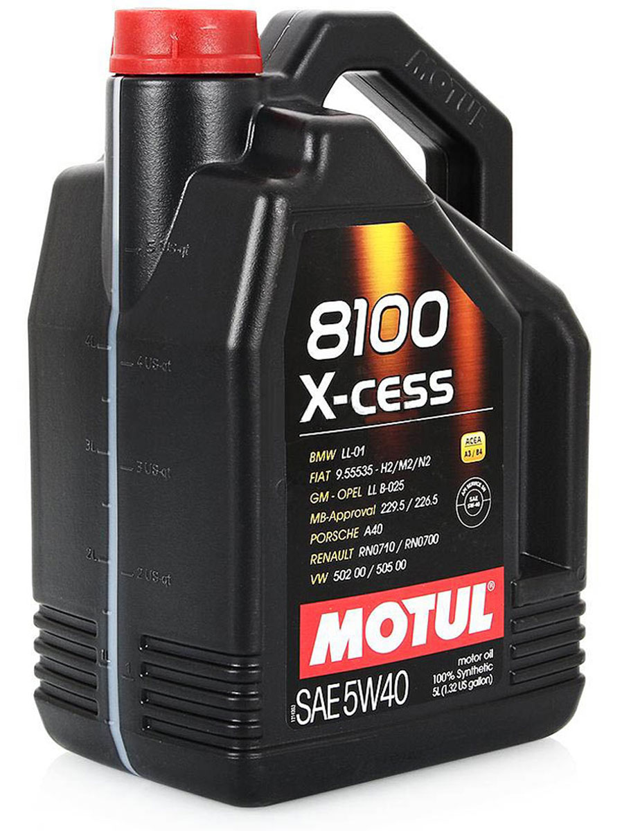 Масло моторное Motul 8100 X-Cess, синтетическое, 5W-40, 5 л102870 Масло моторное Motul 8100 X-Cess, синтетическое, 5W-40, 5 л102870100% синтетическое моторное масло для бензиновых и дизельных двигателей. Высокотехнологичное 100% синтетическое моторное масло, специально разработано для современных двигателей легковых автомобилей обладающих большой мощностью и объемом, для бензиновых и дизельных двигателей с непосредственным впрыском, оснащенных системами нейтрализации отработанных газов. 8100 X-cess 5W-40 - имеет многочисленные допуски автопроизводителей, что позволяет применять его в гарантийный период. Применяется в двигателях, работающих на всех сортах бензина, дизельного и газового топлива (LPG). ACEA Стандарты: ACEA A3/B4 API Стандарты: API SN/CF Одобрения: OPEL GM LL-B-025; MB-Approval 229.5; BMW LL-01; PORSCHE A40; VW 502 00/505 00; Renault RN 0710/0700; GM-Opel LL B-025 (Diesel); FIAT 9.55535-H2; FIAT 9.55535-M2; FIAT 9.55535-N2; FIAT 9.55535-Z2; PSA B71 2296