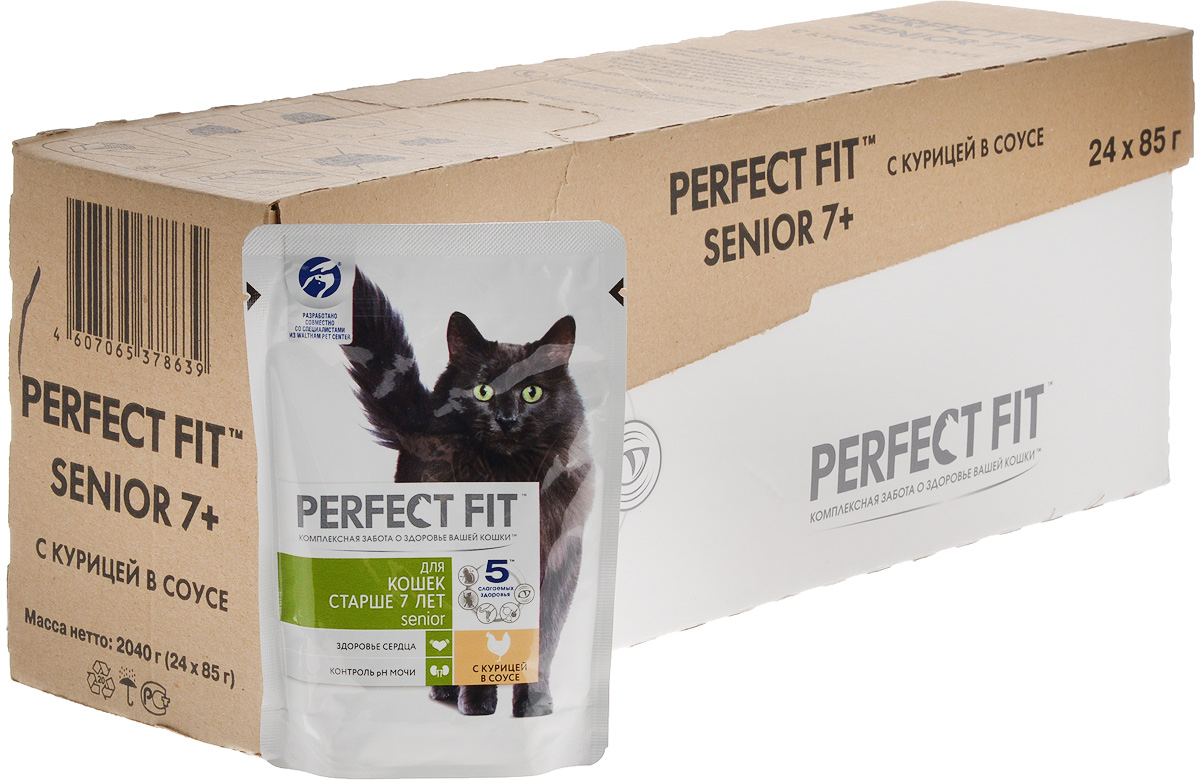 Консервы Perfect Fit Senior для кошек старше 7 лет, курица в соусе, 85 г х 24 шт41410_курица Консервы Perfect Fit Senior для кошек старше 7 лет, курица в соусе, 85 г х 24 шт41410_курицаКонсервы Perfect Fit Senior - полнорационный консервированный корм для кошек старше 7 лет. Продукт содержит таурин, незаменимую для кошек аминокислоту, помогающую поддерживать сердце здоровым. Корм также контролирует pH мочи для поддержания в пределах рекомендуемой нормы. Корм имеет специальную формулу 5 слагаемых здоровья: - Поддержание иммунитета. Входящие в состав витамин Е и цинк способствуют поддержанию иммунитета кошки. - Жизненная сила. Корм обогащен витаминами группы В и железом для поддержания жизненной силы. - Крепкие мышцы. Комбинация белков, минералов и витаминов для поддержания крепких мышц. - Природная зоркость. Корм содержит витамин А и таурин, которые поддерживают остроту зрения кошки. - Витамины и минералы для поддержания долгой и здоровой жизни. Содержит витамины и минералы, необходимые для удовлетворения потребностей взрослых кошек. Товар сертифицирован.