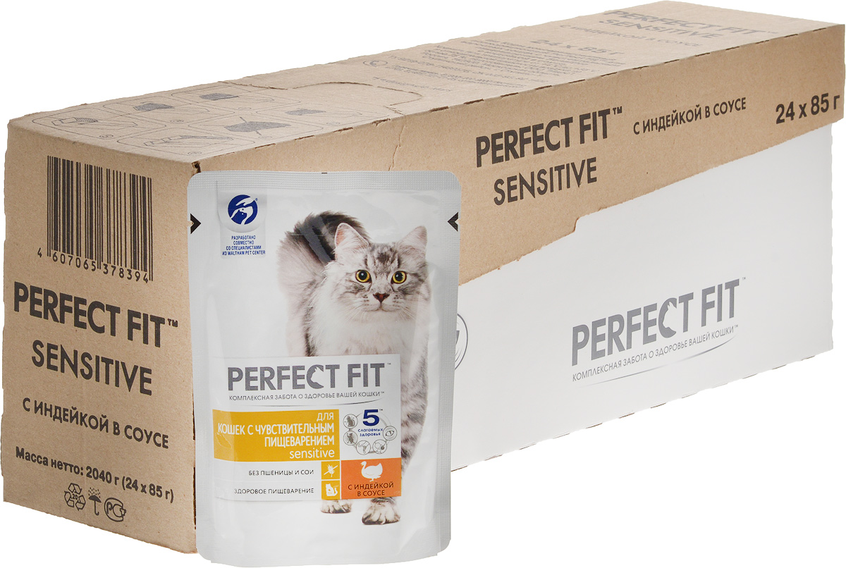 Консервы Perfect Fit Sensitive для кошек с чувствительным пищеварением, индейка в соусе, 85 г х 24 шт41412_индейка в соусе Консервы Perfect Fit Sensitive для кошек с чувствительным пищеварением, индейка в соусе, 85 г х 24 шт41412_индейка в соусеКонсервы Perfect Fit Sensitive - полнорационный консервированный корм для взрослых кошек с чувствительным пищеварением. Продукт не содержит пшеницу и сою, которые могут быть причиной расстройств пищеварения у кошек, а содержит пребиотики, способствующие поддержанию здоровой микрофлоры кишечника. Корм имеет специальную формулу 5 слагаемых здоровья: - Поддержание иммунитета. Входящие в состав витамин Е и цинк способствуют поддержанию иммунитет кошки. - Жизненная сила. Корм обогащен витаминами группы В и железом для поддержания жизненной силы. - Крепкие мышцы. Комбинация белков, минералов и витаминов для поддержания крепких мышц. - Природная зоркость. Корм содержит витамин А и таурин, которые поддерживают остроту зрения кошки. - Витамины и минералы для поддержания долгой и здоровой жизни. Содержит витамины и минералы, необходимые для удовлетворения потребностей взрослых кошек. Товар сертифицирован.