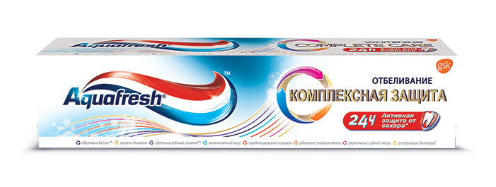 Aquafresh Зубная паста Комплексная защита Отбеливание 100мл20012020 Aquafresh Зубная паста Комплексная защита Отбеливание 100мл20012020Зубная паста Aquafresh Комплексная защита Отбеливание - 8 преимуществ в одной пасте: - Здоровые десны. - Свежее дыхание. - Удаление зубного налета. - Великолепный вкус. - Предотвращение кариеса. - Удаление стойких пятен. - Укрепление зубной эмали. - Устранение бактерий. В формуле Sugar Acid Protection фтор помогает защитить поверхность зубов от воздействия кислот, образуемых из сахаров и провоцирующих кариес.