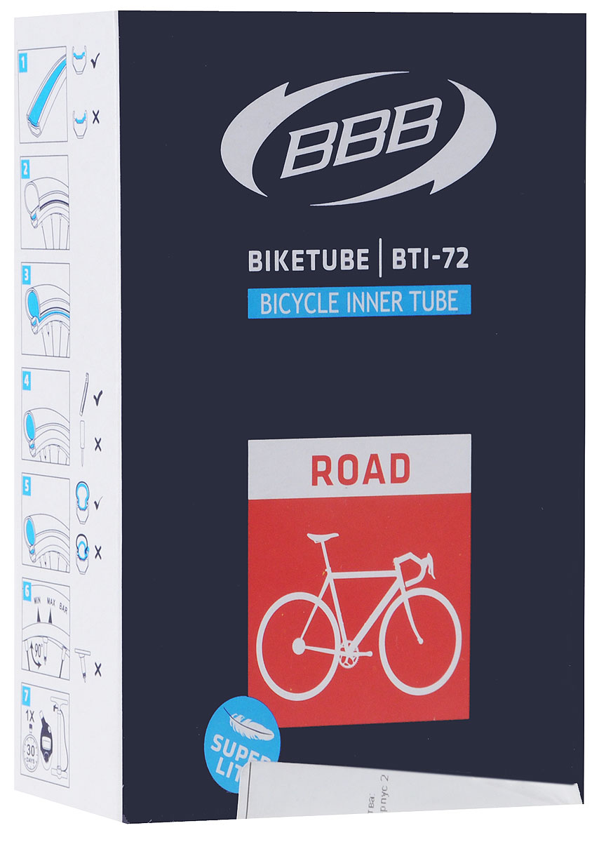 Камера велосипедная BBB, 28, 18, 25C F, V, Super Lite, 80 ммBTI-72 Камера велосипедная BBB, 28, 18, 25C F, V, Super Lite, 80 ммBTI-72Камера BBB изготовлена из долговечного резинового компаунда. Никаких швов, которые могут пропускать воздух. Достаточно большая для защиты от проколов и достаточно небольшая для снижения веса. Велосипедные камеры - обязательный атрибут каждого велосипедиста! Никогда не выезжайте из дома на велосипеде, не взяв с собой запасную велосипедную шину! Диаметр колеса: 28. Допустимый размер сечения покрышки: 18/23. Велониппель (Presta): 80 мм. Толщина стенки: 0,87 мм.