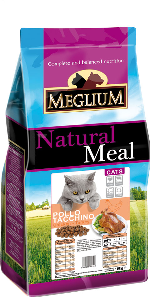 Корм сухой Meglium Adult для привередливых кошек, курица индейка, 3 кг63998 Корм сухой Meglium Adult для привередливых кошек, курица индейка, 3 кг63998Состав: дегидрированное мясо (35%, из которого куриного мяса и мяса индейки 16%), кукуруза, пшеница, куриный жир, рыбная мука (3%), сушеная мякоть свеклы (2%), минеральные вещества. Пищевые добавки на кг: 3a672a Витамин A 18000 UI, Витамин D3 1200 UI, 3a700 Витамин E 145 мг, E4 пентагидрат сульфата меди 55 мг, E1 карбонат железа 58 мг, E5 оксид марганца 73 мг, E6 моногидрат сульфата цинка 173 мг, E2 йодистый калий 1,4 мг, E8 селенит натрия 0,31 мг, таурин 1000 мг. Аналитические компоненты: влага 8%, сырой белок 28%, сырые масла и жиры 11%, сырая зола 8,1%, сырая клетчатка 2,5%, жирные кислоты Омега-3 0,19%, жирные кислоты Омега-6 2,6%. Энергетическая ценность: 3500 кКал/кг.
