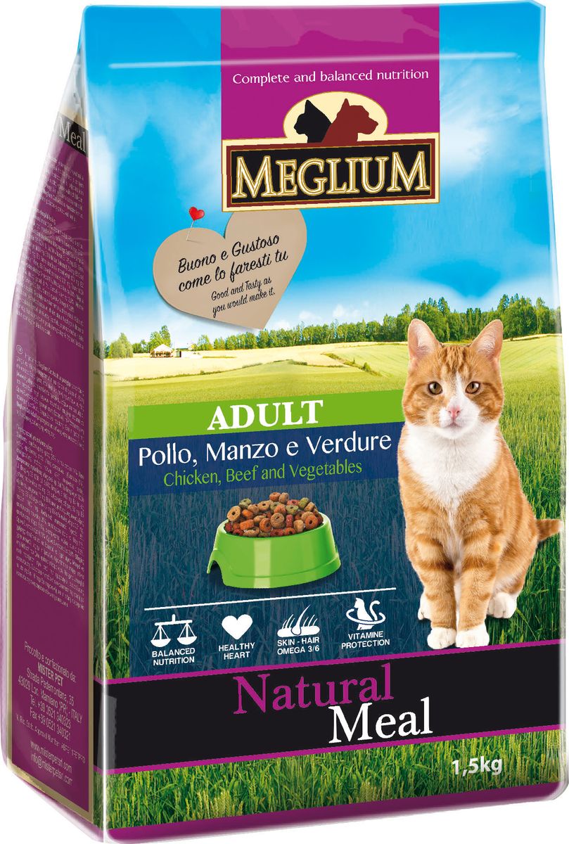 Корм сухой Meglium Adult для кошек, говядина курица овощи, 1,5 кг64001 Корм сухой Meglium Adult для кошек, говядина курица овощи, 1,5 кг64001Состав: дегидрированное мясо (35%, из которого куриного мяса 14% и говядины 10%), кукуруза, пшеница, куриный жир, рыбная мука (5%), овощи (4%), сушеная мякоть свеклы (2%), минеральные вещества. Пищевые добавки на кг: Витамин A 18000 UI, Витамин D3 1200 UI, Витамин E 145 мг, E4 пентагидрат сульфата меди 55 мг, E1 карбонат железа 58 мг, E5 оксид марганца 73 мг, E6 моногидрат сульфата цинка 173 мг, E2 йодистый калий 1,4 мг, E8 селенит натрия 0,31 мг, таурин 1000 мг. Аналитические компоненты: влага 8%, сырой белок 28%, сырые масла и жиры 11%, сырая зола 8,1%, сырая клетчатка 2,5%, жирные кислоты Омега-3 0,19%, жирные кислоты Омега-6 2,6%. Энергетическая ценность: 3500 кКал/кг.