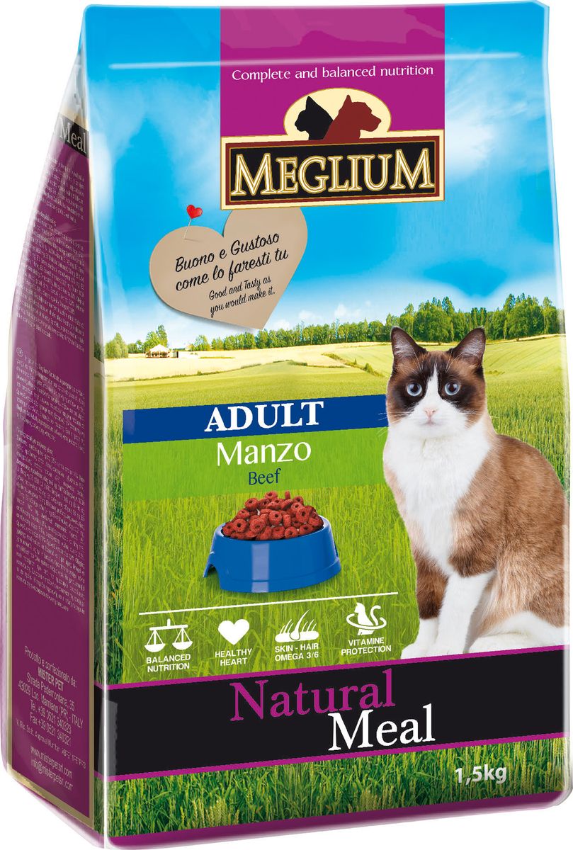 Корм сухой Meglium Adult для привередливых кошек, говядина, 1,5 кг64002 Корм сухой Meglium Adult для привередливых кошек, говядина, 1,5 кг64002Meglium Cat Adult с говядиной - это полноценный, сбалансированный и очень вкусный корм для кошек. Говядина, красное мясо - это источник белка высокой биологической ценности с соответствующим набором аминокислот, рыба является источником полноценных белков и содержит большое количество Омега-3 жирных кислот- все это дополняет сбалансированная доза минералов, витаминов и таурина, благодаря чему Meglium Cat Adult с говядиной становится кормом, который удовлетворяет все пищевые потребности вашей кошки. Полноценный корм для взрослых кошек Состав: дегидрированное мясо (35%, из которого говядины 14%), кукуруза, пшеница, куриный жир, рыбная мука (5%), сушеная мякоть свеклы (2%), минеральные вещества. Пищевые добавки на кг: 3a672a Витамин A 18000 UI, Витамин D3 1200 UI, 3a700 Витамин E 145 мг, E4 пентагидрат сульфата меди 55 мг, E1 карбонат железа 58 мг, E5 оксид марганца 73 мг, E6 моногидрат сульфата цинка 173 мг, E2 йодистый калий 1,4 мг, E8 селенит натрия 0,31 мг, таурин...