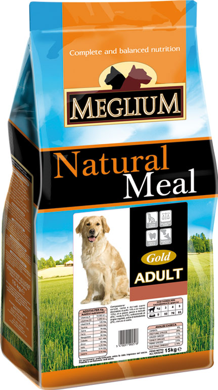 Корм сухой Meglium Adult Gold для взрослых собак, 3 кг64006 Корм сухой Meglium Adult Gold для взрослых собак, 3 кг64006Состав: дегидрированное мясо (31%, из которого говядины 16% и куриного мяса 15%), кукуруза, пшеница, кукурузная мука, куриный жир, сушеная мякоть цикория (2%), минеральные вещества. Пищевые добавки на кг: 3a672a Витамин A 11250 UI, Витамин D3 800 UI, 3a700 Витамин E 95 мг, E4 пентагидрат сульфата меди 40 мг, E1 карбонат железа 42 мг, E5 оксид марганца 52 мг, E6 моногидрат сульфата цинка 124 мг, E2 йодистый калий 1 мг, E8 селенит натрия 0,22 мг. Аналитические компоненты: влага 8%, сырой белок 24%, сырые масла и жиры 12%, сырая зола 8,5%, сырая клетчатка 2,6%, соотношение кальций/фосфор 1,4:1. Энергетическая ценность: 3550 кКал/кг.