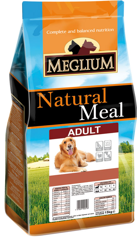 Корм сухой Meglium Maintenance Adult для взрослых собак, 15 кг64015 Корм сухой Meglium Maintenance Adult для взрослых собак, 15 кг64015Состав: кукуруза, дегидрированное мясо (25%), пшеница, куриный жир, сушеная мякоть цикория (2%), минеральные вещества. Пищевые добавки на кг: 3a672a Витамин A 9000 UI, Витамин D3 600 UI, 3a700 Витамин E 75 мг, E4 пентагидрат сульфата меди 32 мг, E1 карбонат железа 33 мг, E5 оксид марганца 42 мг, E6 моногидрат сульфата цинка 99 мг, E2 йодистый калий 0,8 мг, E8 селенит натрия 0,18 мг. Аналитические компоненты: Влага 8%, сырой белок 23%, сырые масла и жиры 9%, сырая зола 9,3%, сырая клетчатка 3%, соотношение кальций/фосфор 1,3:1. Энергетическая ценность: 3300 кКал/кг.