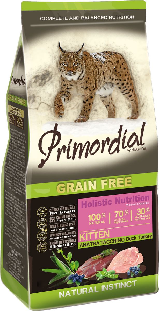 Корм сухой Primordial для котят, беззерновой, утка индейка, 400 г65005 Корм сухой Primordial для котят, беззерновой, утка индейка, 400 г65005Состав: свежее мясо индейки (35%), дегидрированное куриное мясо (15%), горошек, картофель, дегидрированное утиное мясо (10%), куриный и индюшачий жир (9%), рыбная мука (3%), бобы обыкновенные, льняное семя (2%), сушеная мякоть свеклы, гидролизат печени, дрожжи, мука из морских водорослей (0,3%), дрожжевые продукты (MOS 0,2%), юкка Шидигера (0,033%), концентрат леспедецы головчатой (Lespediza capitata Mich. 0,028%), концентрат черники обыкновенной (Vaccinium myrtillus L.) (0,016%), экстракт розмарина. Пищевые добавки на кг: 3a672a Витамин A 21500 UI, Витамин D3 1450 UI, 3a700 Витамин E 200 мг, E4 пентагидрат сульфата меди 67 мг, E1 карбонат железа 70 мг, E5 оксид марганца 88 мг, E6 моногидрат сульфата цинка 211 мг, E2 йодистый калий 5,04 мг, E8 селенит натрия 0,39 мг, таурин 2000 мг. Аналитические компоненты: влага 8%, сырой белок 32%, сырые масла и жиры 20%, сырая зола 7,9%, сырая клетчатка 2,5%.