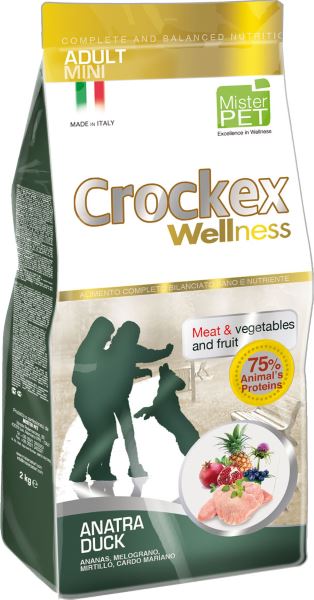 Корм сухой Crockex Wellness для собак мелких пород, утка с рисом, 2 кг65195 Корм сухой Crockex Wellness для собак мелких пород, утка с рисом, 2 кг65195Этот полноценный рацион, дополненный функциональными ингредиентами, поддержит здоровье собаки. Сердцевина ананаса способствует правильному функционированию пищеварительной системы, Гранат и Малина являются превосходными источниками витамина С и богаты полифенолами, антиоксидантами и натуральными укрепляющими веществами с антивозрастным эффектом, которые служат для борьбы со свободными радикалами. Расторопша - лекарственное растение, содержащее силимарин и силибинин, вещества, известные своими противовоспалительными свойствами и эффективно защищающие печень. Пребиотики FOS и MOS помогают модулировать кишечную флору, улучшая таким образом усвоение питательных веществ. Использование риса в качестве первого источника углеводов и свежего мяса утки (15%) обеспечивает высокую перевариваемость и отличную аппетитность рациона. Состав: обезвоженное мясо цыпленка (19%), рис (19%), кукуруза, свежее мясо утки (15%), обезвоженное мясо утки (12 %), кукурузная мука, цыплячий жир, льняное семя...