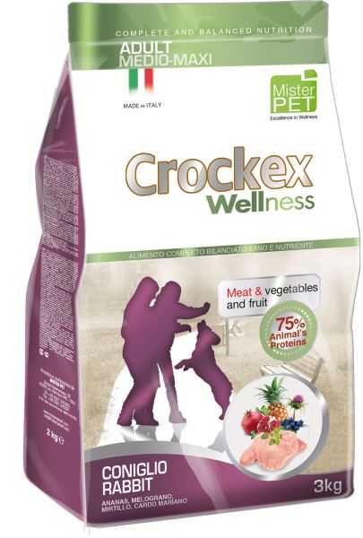 Корм сухой Crockex Wellness для собак средних и крупных пород, кролик с рисом, 3 кг65201 Корм сухой Crockex Wellness для собак средних и крупных пород, кролик с рисом, 3 кг65201Этот полноценный рацион, дополненный функциональными ингредиентами, поддержит здоровье собаки. Сердцевина ананаса способствует правильному функционированию пищеварительной системы, Гранат и Малина являются превосходными источниками витамина С и богаты полифенолами, антиоксидантами и натуральными укрепляющими веществами с антивозрастным эффектом, которые служат для борьбы со свободными радикалами. Расторопша - лекарственное растение, содержащее силимарин и силибинин, вещества, известные своими противовоспалительными свойствами и эффективно защищающие печень. Пребиотики FOS и MOS помогают модулировать кишечную флору, улучшая таким образом усвоение питательных веществ. Использование риса в качестве первого источника углеводов и свежего мяса кролика (15%) обеспечивает высокую перевариваемость и отличную аппетитность рациона. Состав: обезвоженное мясо цыпленка (18%), рис (18%), кукуруза, свежее мясо кролика (15%), кукурузная мука, обезвоженное мясо кролика (12 %), цыплячий жир,...