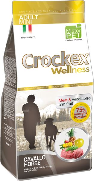 Корм сухой Crockex Wellness для собак мелких пород, конина с рисом, 7,5 кг65211 Корм сухой Crockex Wellness для собак мелких пород, конина с рисом, 7,5 кг65211Этот полноценный рацион, дополненный функциональными ингредиентами, поддержит здоровье собаки. Сердцевина ананаса и яблоко способствуют правильному функционированию пищеварительной системы, а клубника является натуральным антиоксидантом с антивозрастным эффектом и служит для борьбы со свободными радикалами. Одуванчик известен своими очищающими свойствами и оказывает благотворное воздействие на печень. Пребиотики FOS и MOS помогают модулировать кишечную флору, улучшая таким образом усвоение питательных веществ. Использование риса в качестве первого источника углеводов и свежей конины (15%) обеспечивает высокую перевариваемость и отличную аппетитность рациона. Состав: рис (18%), свежая конина (15%), обезвоженное мясо цыпленка (14%), кукурузная мука, кукуруза, обезвоженная свинина, картофель (8%), очищенный от оболочки зеленый горошек, льняное семя (2%), высушенная мякоть свеклы, пивные дрожжи, обезвоженные морские водоросли (0,24%), хлорид натрия, экстракт дрожжей (MOS 0,16%),...