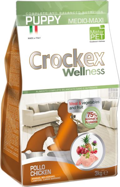 Корм сухой Crockex Wellness для щенков средних и крупных пород, курица с рисом, 12 кг65213 Корм сухой Crockex Wellness для щенков средних и крупных пород, курица с рисом, 12 кг65213Этот полноценный рацион, дополненный функциональными ингредиентами, поддержит здоровье собаки. Сердцевина ананаса способствует правильному функционированию пищеварительной системы, Гранат и Малина являются превосходными источниками витамина С и богаты полифенолами, антиоксидантами и натуральными укрепляющими веществами с антивозрастным эффектом, которые служат для борьбы со свободными радикалами. Расторопша - лекарственное растение, содержащее силимарин и силибинин, вещества, известные своими противовоспалительными свойствами и эффективно защищающие печень. Пребиотики FOS и MOS помогают модулировать кишечную флору, улучшая таким образом усвоение питательных веществ. Использование риса в качестве первого источника углеводов и свежего мяса цыпленка (15%) обеспечивает высокую перевариваемость и отличную аппетитность рациона. Состав: обезвоженное мясо цыпленка (24%), рис (22%), кукуруза, свежее мясо цыпленка (15%), кукурузная мука, цыплячий жир, рыбная мука, льняное семя (2%),...