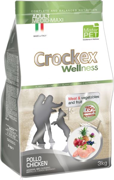 Корм сухой Crockex Wellness для собак средних и крупных пород, курица с рисом, 12 кг65214 Корм сухой Crockex Wellness для собак средних и крупных пород, курица с рисом, 12 кг65214Этот полноценный рацион, дополненный функциональными ингредиентами, поддержит здоровье собаки. Сердцевина ананаса способствует правильному функционированию пищеварительной системы, Гранат и Малина являются превосходными источниками витамина С и богаты полифенолами, антиоксидантами и натуральными укрепляющими веществами с антивозрастным эффектом, которые служат для борьбы со свободными радикалами. Расторопша - лекарственное растение, содержащее силимарин и силибинин, вещества, известные своими противовоспалительными свойствами и эффективно защищающие печень. Пребиотики FOS и MOS помогают модулировать кишечную флору, улучшая таким образом усвоение питательных веществ. Использование риса в качестве первого источника углеводов и свежего мяса цыпленка (15%) обеспечивает высокую перевариваемость и отличную аппетитность рациона. Состав: обезвоженное мясо цыпленка (24%), рис (22%), кукуруза, свежее мясо цыпленка (15%), кукурузная мука, цыплячий жир, рыбная мука, льняное семя (2%),...
