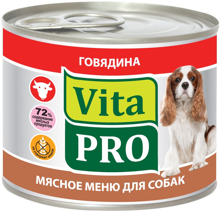 Консервы Vita ProМясное меню для собак, говядина, 200 г90000 Консервы Vita ProМясное меню для собак, говядина, 200 г90000Корм из натурального мяса без овощей и злаков с добавлением кальция для растущего организма. Не содержит искусственных красителей и усилителей вкуса. Крупнофаршевая текстура.
