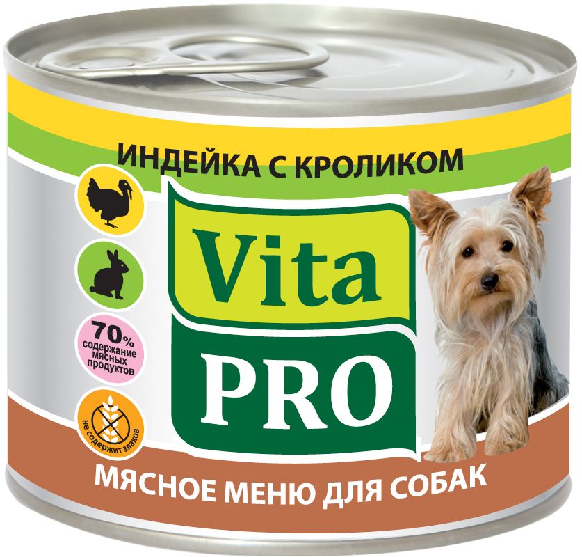 Консервы Vita ProМясное меню для собак, индейка и кролик, 200 г90010 Консервы Vita ProМясное меню для собак, индейка и кролик, 200 г90010Корм из натурального мяса без овощей и злаков с добавлением кальция для растущего организма. Не содержит искусственных красителей и усилителей вкуса. Крупнофаршевая текстура.