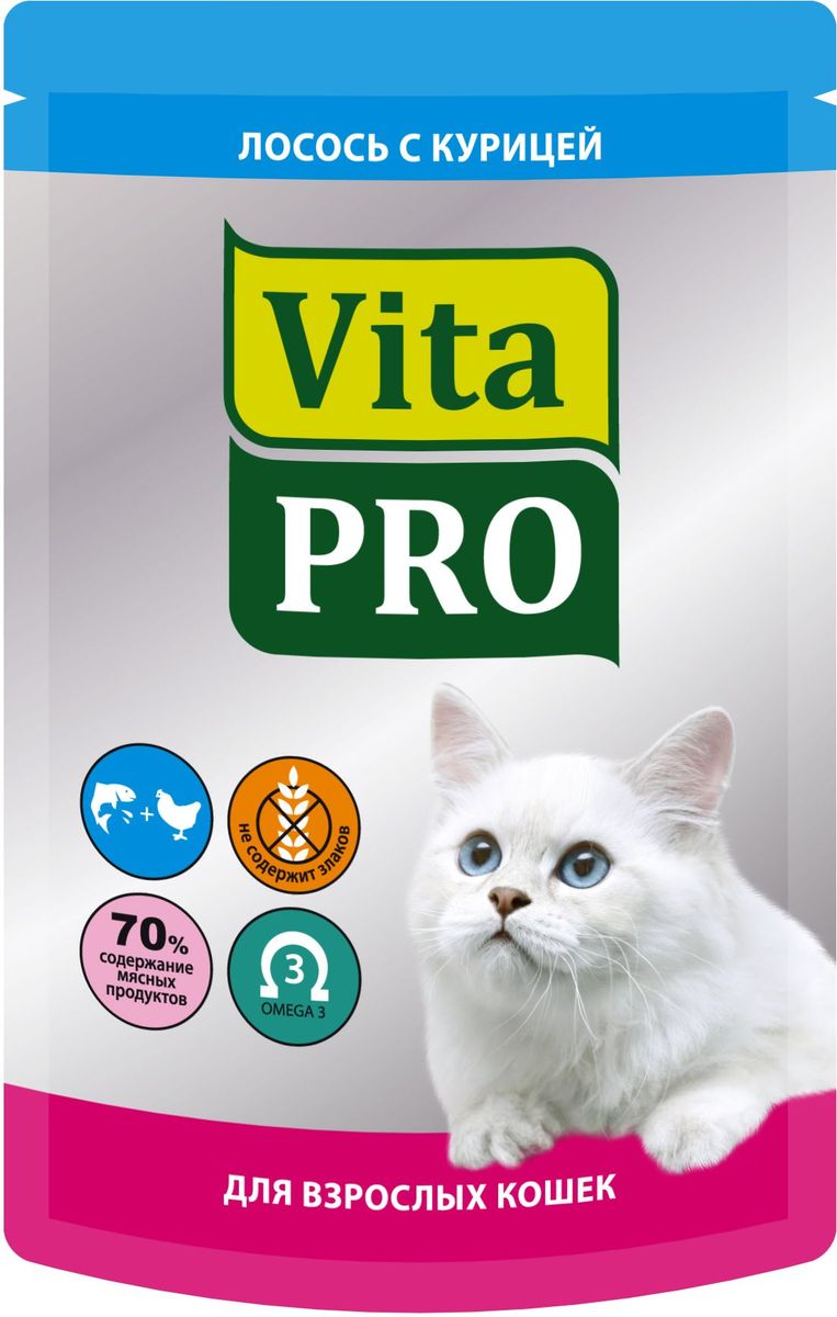 Консервы Vita Pro Мясное меню для кошек от 1 года, курица и лосось, 100 г90114 Консервы Vita Pro Мясное меню для кошек от 1 года, курица и лосось, 100 г90114Мелкорубленные кусочки натурального мяса без овощей и злаков. Входящие в состав Омега-3 жирные кислоты обеспечивают здоровье кожи и шерсти. Без добавления искусственных красителей и усилителей вкуса.