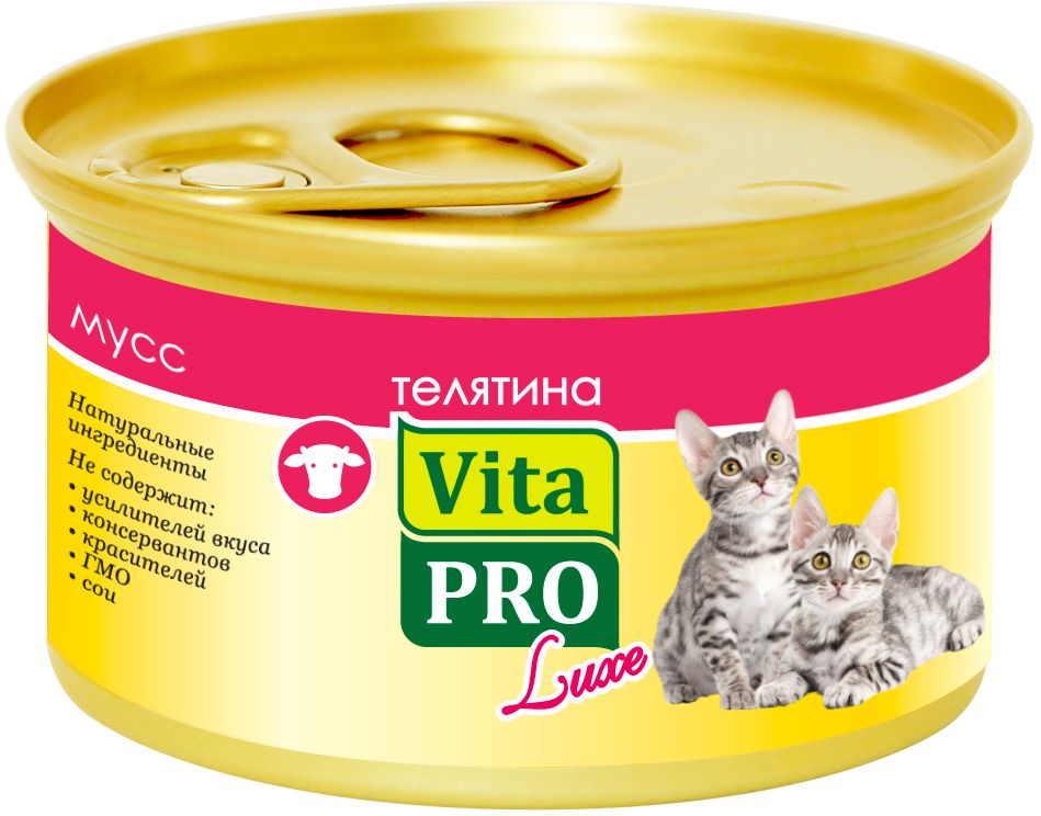 Консервы Vita Pro Luxe для котят до 12 месяцев, мус, телятина, 85 г7913313511 Консервы Vita Pro Luxe для котят до 12 месяцев, мус, телятина, 85 г7913313511Корм в виде сочного, нежного мусса из высококачественного натурального мяса. Не содержит ГМО , усилителей вкуса, ароматизаторов и красителей.