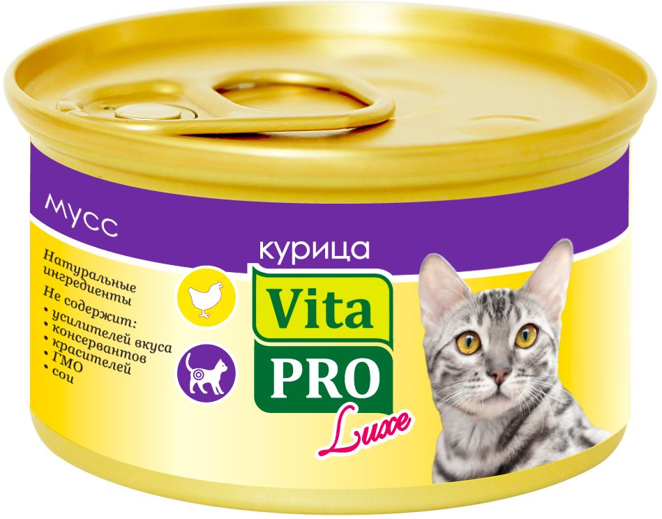 Консервы Vita Pro Luxe для стерилизованных кошек от 1 года, мус, курица, 85 г7161330311 Консервы Vita Pro Luxe для стерилизованных кошек от 1 года, мус, курица, 85 г7161330311Корм в виде сочного, нежного мусса из высококачественного натурального мяса. Не содержит ГМО , усилителей вкуса, ароматизаторов и красителей.