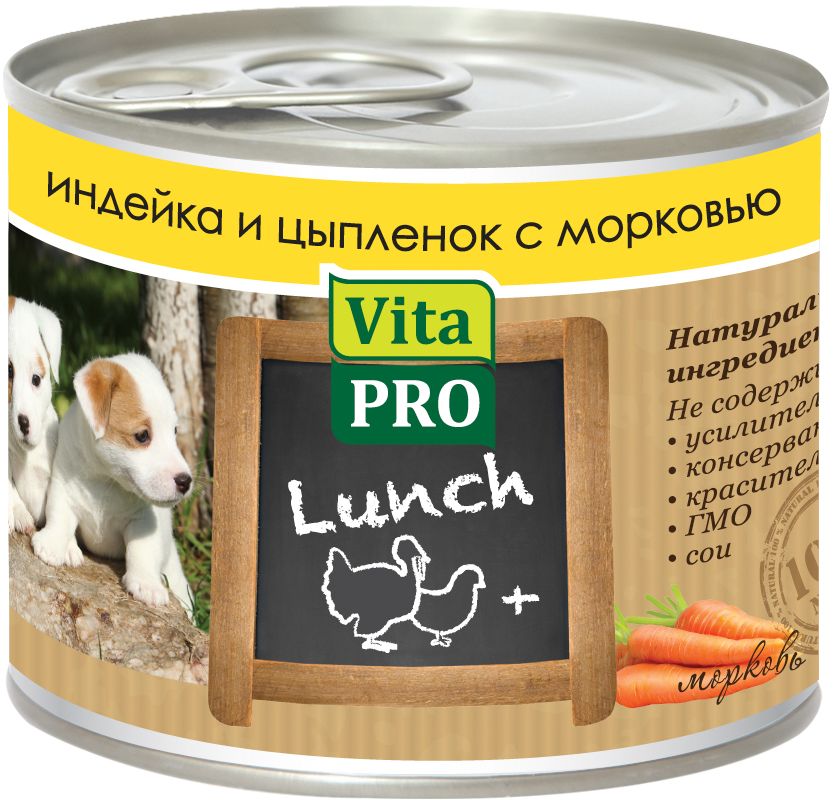 Консервы Vita ProLunch для щенков, индейка, цыпленок и морковь, 200 г90050 Консервы Vita ProLunch для щенков, индейка, цыпленок и морковь, 200 г90050Корм, сочетающий высококачественное мясо с овощными и злаковыми добавками и обеспечивающий полноценный ежедневный рацион. С добавлением кальция для растущего арганизма. Без консервантов, красителей, усилителей вкуса.