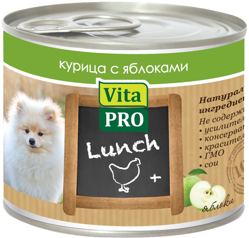 Консервы Vita ProLunch для собак, курица и яблоки, 200 г90056 Консервы Vita ProLunch для собак, курица и яблоки, 200 г90056Корм, сочетающий высококачественное мясо с овощными и злаковыми добавками и обеспечивающий полноценный ежедневный рацион. Без консервантов, красителей, усилителей вкуса.