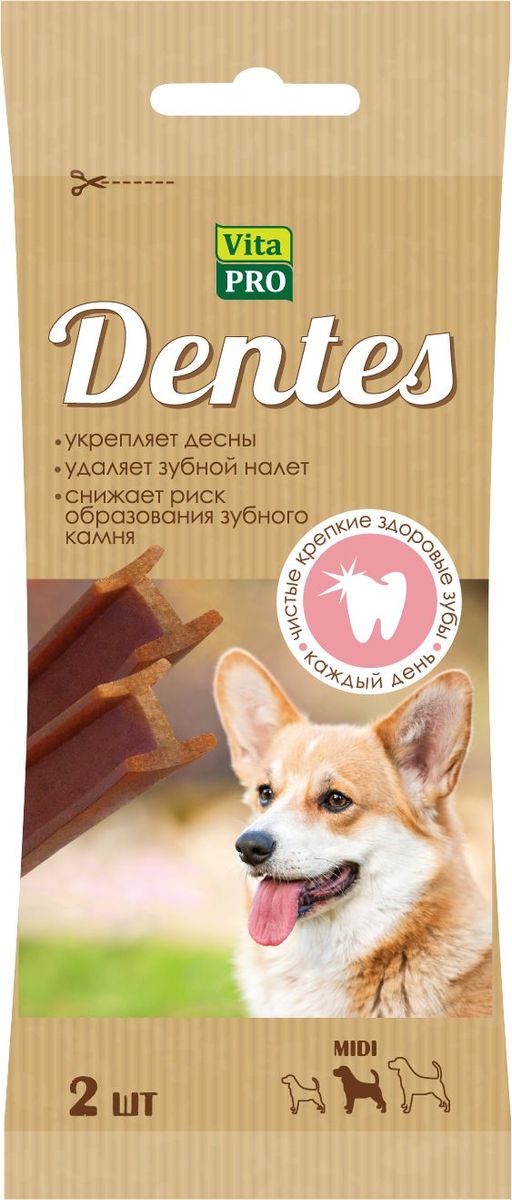 Лакомство Vita Pro Dentes для собак средних пород, 35 г, 2 шт159004 Лакомство Vita Pro Dentes для собак средних пород, 35 г, 2 шт159004Жевательное лакомство для собак. Удаляет зубной налет, способствует укреплению десен и снижает риск образования зубного камня.