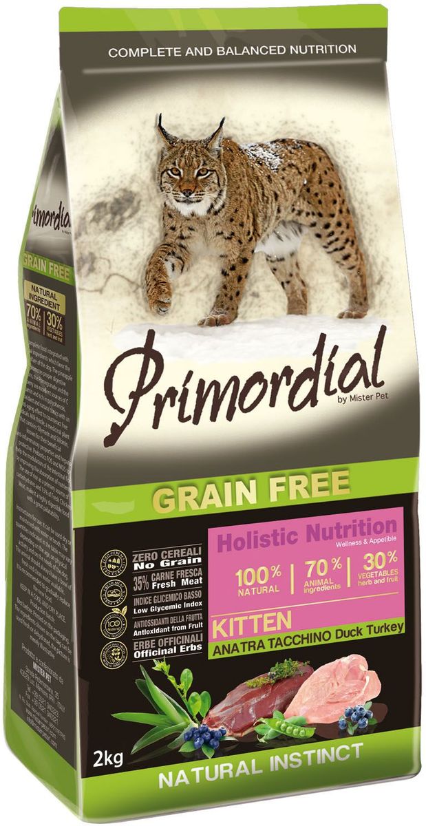Корм сухой Primordial для котят, с уткой и индейкой, 2 кгMGSP1002 Корм сухой Primordial для котят, с уткой и индейкой, 2 кгMGSP1002Беззерновой корм класса холистик. Специально отобранные виды мяса и рыбы поддерживают низкий гликемический индекс, гарантируют высокую аппетитность и перевариваемость корма.