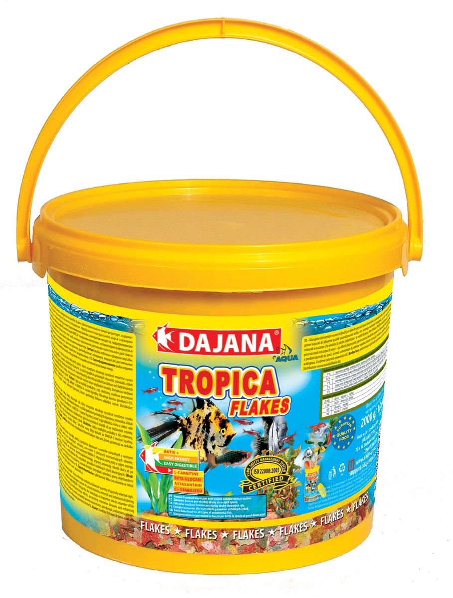Корм для рыб Dajana Tropica Flakes, 10 лDP000G Корм для рыб Dajana Tropica Flakes, 10 лDP000GВысококачественный корм, состоящий из хлопьев на каждый день, для всех видов декоративных рыбок. Состоит из более 50-ти видов тщательно отобранных, натуральных исходных продуктов. Хлопья содержат мультивитаминный комплекс, стабилизированный витамин С, ценные минералы и микроэлементы. Питание этим кормом гарантирует здоровое развитие рыб, повышенную устойчивость к заболеваниям, активность, жизнерадостность и крепкий иммунитет.Благодаря натуральным продуктам, корм замечательно переваривается и усваивается в организме рыбок, не загрязняя воду в аквариуме.
