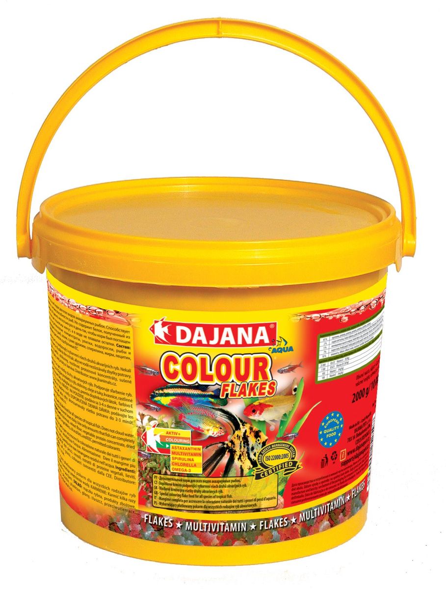 Корм для рыб Dajana Colour Flakes, 10 лDP002G Корм для рыб Dajana Colour Flakes, 10 лDP002GВысококачественный, комплексный корм в виде хлопьев для всех видов золотых рыб, включая их различные селекционные формы. Благодаря L–карнитину и Алое-вера, которые содержатся в корме, оказывается положительное воздействие на пищеварительную систему, а так же в период размножения и выращивания у рыбок повышается метаболизм липидов, который является источником энергии всех видов золотых рыбок. Корм состоит из высококачественных натуральных ингредиентов, поэтому хорошо усваивается и имеет низкую долю отходов, - вода в вашем аквариуме становится более чистой. Корм содержит весь состав того, в чем нуждаются золотые рыбки: мощнейший комплекс витаминов, минералов и микроэлементов, а также жизненно важные балластные вещества, способствующие здоровому росту, окраске, сопротивляемости к болезням, хорошему самочувствию. Содержит в составе витамины А, E, C, D3 и другие полезные микроэлементы.