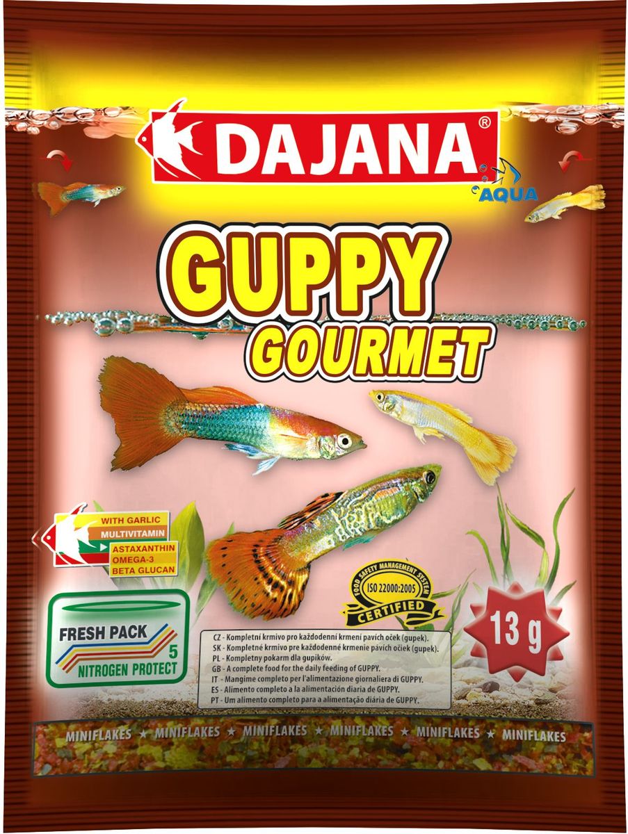 Корм для рыб Dajana Guppy Gourmet Flakes, 80 млDP003S Корм для рыб Dajana Guppy Gourmet Flakes, 80 млDP003SКомплексный хлопьеобразный корм для рыбок, предназначенный для ежедневного кормления гуппи. Корм содержит высокую долю чеснока, белков, витаминов и минералов, способствуя благополучному росту и здоровью рыб. Корм легко принимается и усваивается.