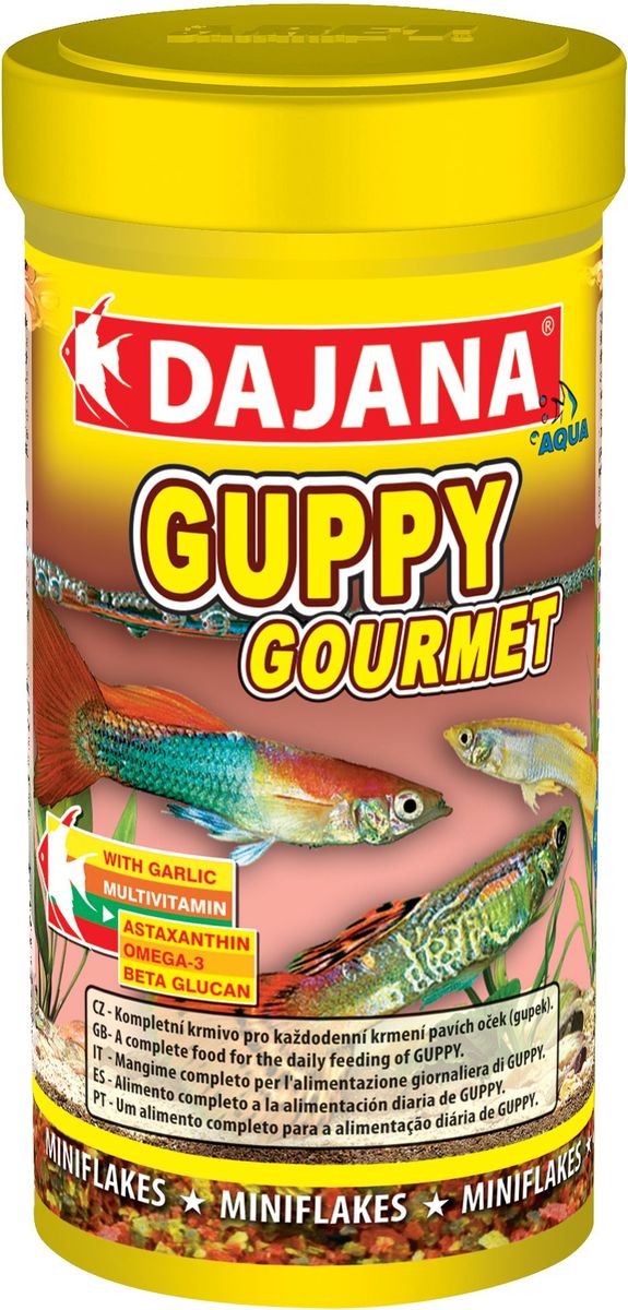 Корм для рыб Dajana Guppy Gourmet Flakes, 100 млDP003A Корм для рыб Dajana Guppy Gourmet Flakes, 100 млDP003AКомплексный хлопьеобразный корм для рыбок, предназначенный для ежедневного кормления гуппи. Корм содержит высокую долю чеснока, белков, витаминов и минералов, способствуя благополучному росту и здоровью рыб. Корм легко принимается и усваивается.