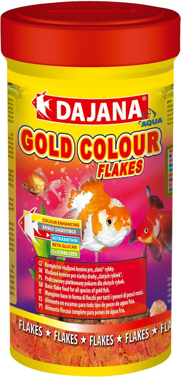 Корм для рыб Dajana Gold Colour Flakes, 100 млDP004A Корм для рыб Dajana Gold Colour Flakes, 100 млDP004AКомплексный хлопьеобразный корм для золотых рыбок. Корм содержит специальные добавки, способствующие интенсивному блестящему окрасу рыб, а также водоросли Spirulina, Chlorella и Astaxanthina