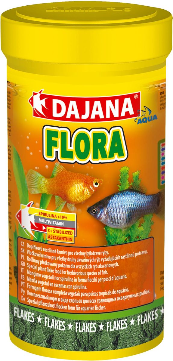 Корм для рыб Dajana Flora Flakes, 500 млDP006C Корм для рыб Dajana Flora Flakes, 500 млDP006CСпециальный хлопьеобразный корм для травоядных аквариумных рыб, содержит водоросль Spirulina - природный антиоксидант, благодаря которому, повышается сопротивляемость организма к различным заболеваниям.