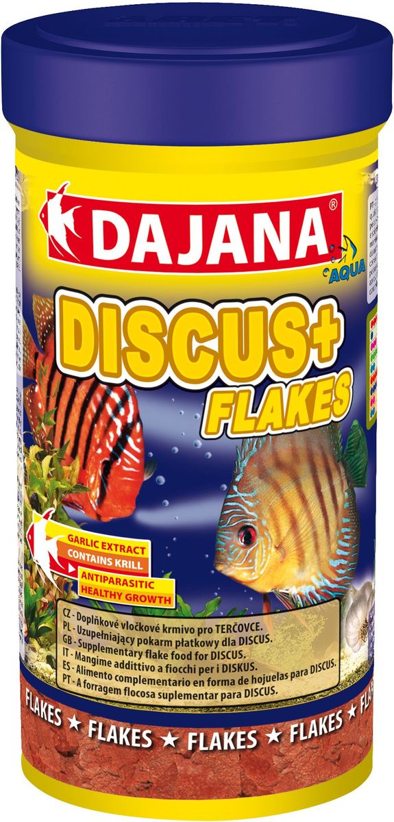 Корм для рыб Dajana Discus Plus Flakes, 100 млDP008A Корм для рыб Dajana Discus Plus Flakes, 100 млDP008AДополнительный хлопьеобразный корм для дискусов. Хлопья из высококачественного и легкоусвояемого сырья. Корм обогащен планктоном и экстактом чеснока. Обладает противопаразитными свойствами.
